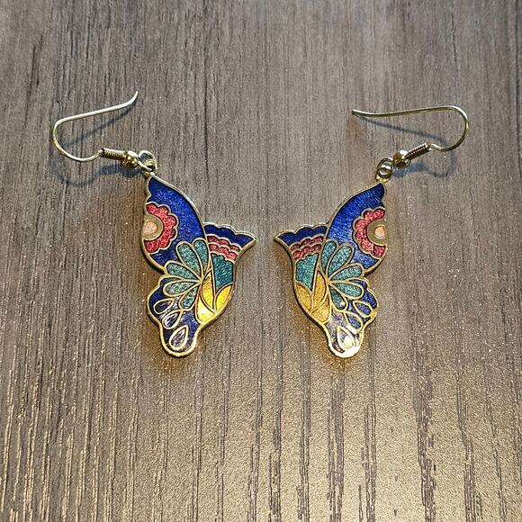 Vintage Cloisonne Abstract Hummingbird Butterfly Wing Earrings - Picture 1 of 4